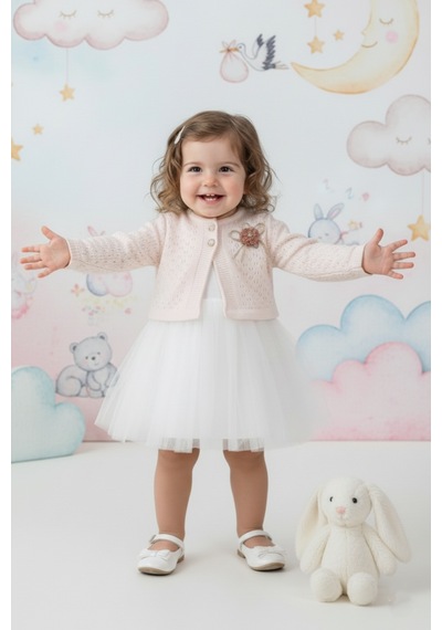Mnk Baby & Kids Triko Bolerolu Kız Bebek Elbise M00770 Pudra