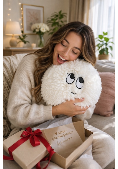 Merty Avm Peluş Yastık 35cm Yumuşak Dekoratif Yastık Çocuk Genç Odası Süs Yastığı 001 - Beyaz