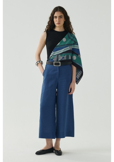 Molene Saks Mavisi Kesik Detaylı Crop Keten Pantolon