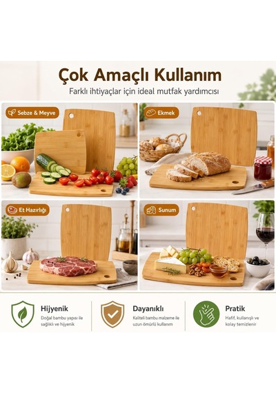 Bambu Kesme Tahtası 2'li Set - Doğal Ahşap Kesme Ve Sunum Tahtası - Büyük Küçük Boy - Bıçak Dostu Yüzey - As Diğer
