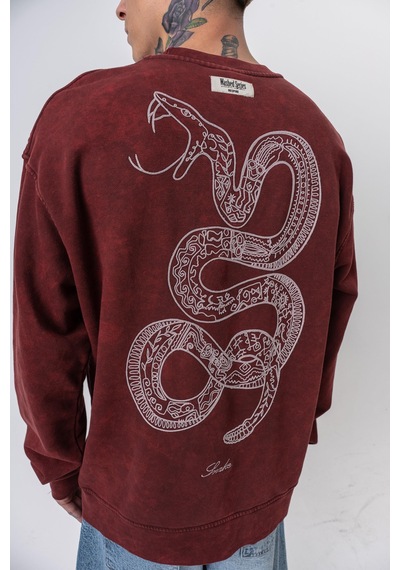 Respire Erkek Snake Nakışlı Yıkamalı Bisiklet Yaka Oversize Sweatshirt Bordo