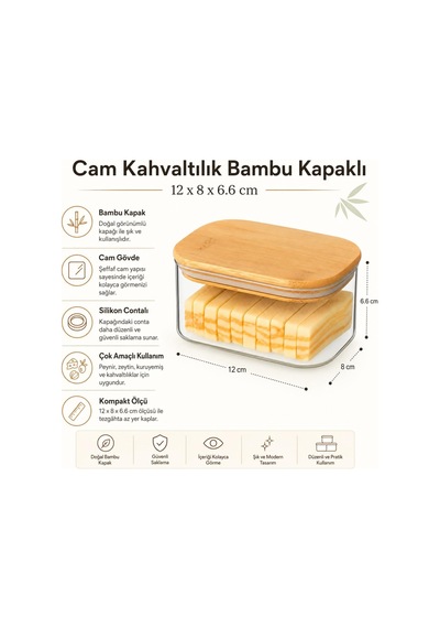 Tr Cam Kahvaltılık Saklama Kabı, Bambu Kapaklı Silikon Contalı Şeffaf Cam Kavanoz, Peynir Zeytin Kuruyemiş Kahve Genel