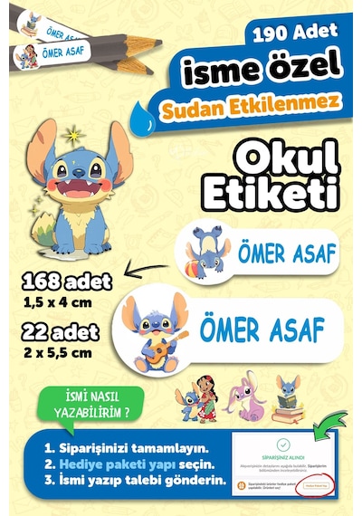 Okul Etiketi Kalem Defter İsimli Etiket Isim Yazılabilen Stetch - 190 Adet Özel Tasarım Çok Renkli
