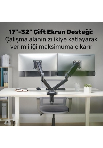 Std46024e 17-32 İkili Ergonomik Amortisörlü Monitör Kolu, Geniş Eğim +90 , 360 Pivot Vesa Stand Tutucu 2x9kg