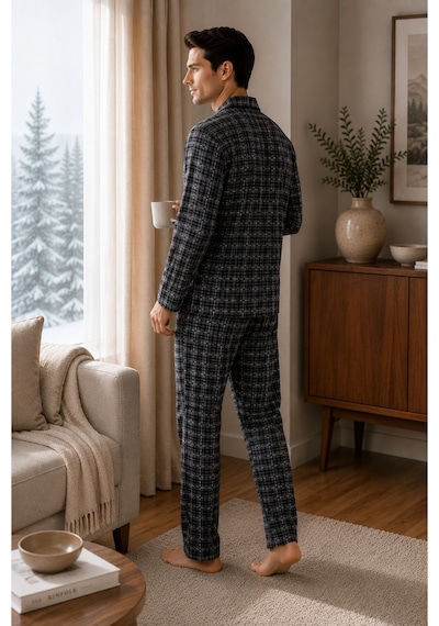 Free Beka Ekose Desenli Uzun Kollu Gömlek Yaka Düğmeli Erkek Pijama Takımı Gri