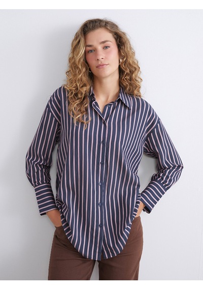 Lcw Modest Lacivert Çizgili Oversize Kadın Gömlek Tunik