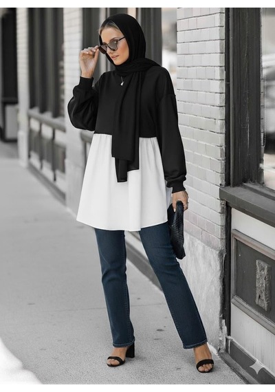 Afri Kadın Siyah Üst Beyaz Etek Detaylı Sweat Elbise Tesettür & Açık Giyim Uyumlu, Rahat Kesim Uzun Kollu Siyah