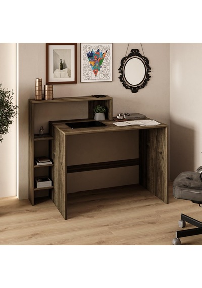 Amber Çalışma Masası Raflı, Modern Bilgisayar Masası, İstanbul Ceviz Çok Renkli