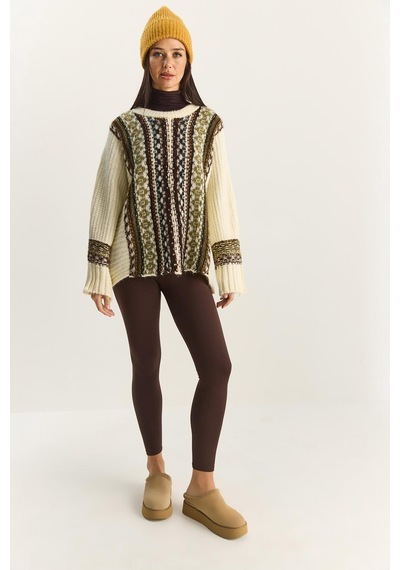 Shade Kadın Etnik Desenli Oversize Bisiklet Yaka Kalın Triko Kazak 2529 60283875 - Krem