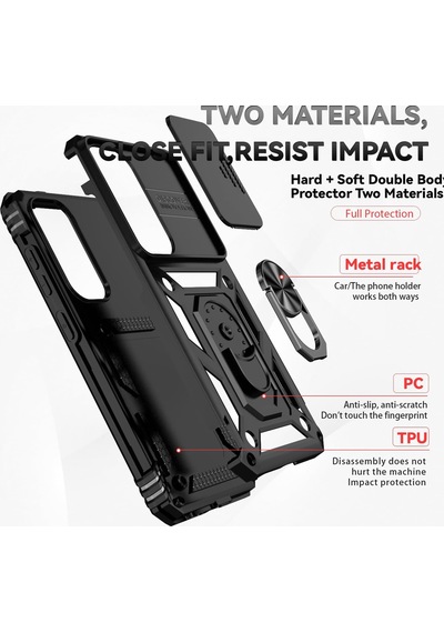Samsung Galaxy S25 Plus Uyumlu Kamera Sürgülü Tank Kılıf Ve Temperli Cam Ekran Koruyucu Set Siyah