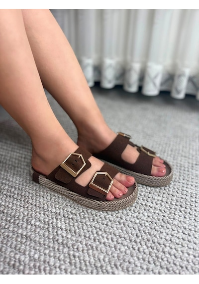 Asmi Shoes Kadın Eleni Kahve Süet Çift Tokalı Rahat Taban Terlik