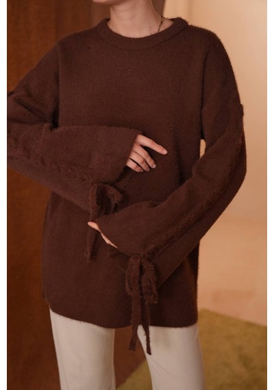 Balenbi Kadın Bisiklet Yaka Kol Detaylı Bağcıklı Oversize Sakallı Triko Tunik 8426 - Premium Seri Kahverengi Balenbi Kadın Bisiklet Yaka Kol Detaylı Bağcıklı Oversize Sakallı Triko Tunik 8426 - Premium Seri Kahverengi