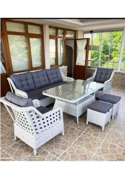 Omit Pazar 5 Kişilik Beyaz Örgü Rattan Oturma Grubu Minderli & 80x120cm Masa+puflu Takım Omit Pazar 5 Kişilik Beyaz Örgü Rattan Oturma Grubu Minderli & 80x120cm Masa+puflu Takım