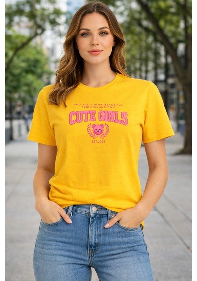 Herkesemoda Cute Girls Baskı Detaylı Basic T-shırt Sarı