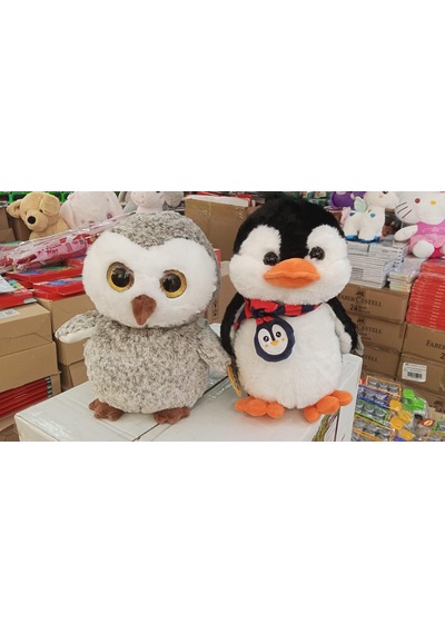 Oyuncak Peluş Uyku Arkadaşlari İkili Set Parıltılı Gözlü Baykuş Ve Atkılı Penguen Herbiri 30 Cm