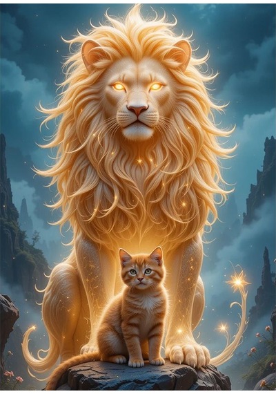 Bedeko Kedi Ve Aslan Resmi Ahşap Tablo