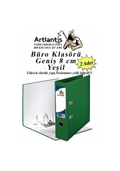 Büro Klasörü Plastik Geniş Halkalı Paslanmaz Çelik Klipsli 2 Adet Yeşil