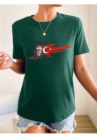 Uyguntarz Unisex Atatürk Tasarım Basklı Tshirt Yeşil
