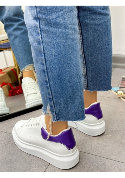 Erva'nın Butiği Beyaz Mor Queen Kadın Bağcıklı Sneakers-5025 Beyaz Mor Cilt