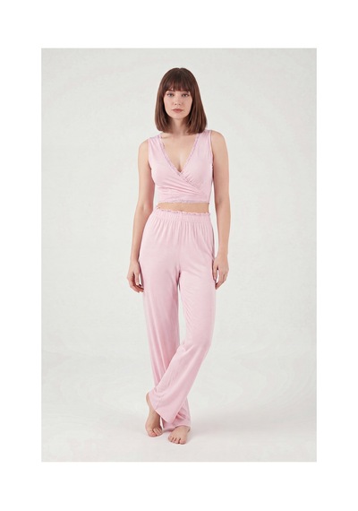 Lela Yumuşak Dokulu Sırtı Bağlamalı Dantelli Crop Pijama Takımı Bayan Pijama Takımı 6575015 Pembe