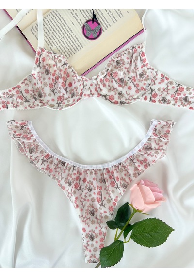 Arinda Butterfly Ekru Tül Çiçek Desenli Balenli Kapsız Fırfırlı Bralette Sütyen Tanga İç Çamaşırı Takımı Alt Üst 2 Parça