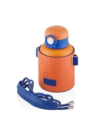 Diller 680ml Moda Waffle Çizgili Deri Kılıf Pipetli Askılı Kilitlenebilir Kapak Çelik Termos Matara Turuncu Genel