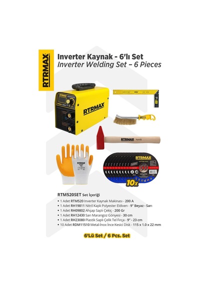 Rtm520set Inverter Kaynak Makinası - 6'lı Set -eldiven-çekiç-gönye-tel Fırça-kesici Disk