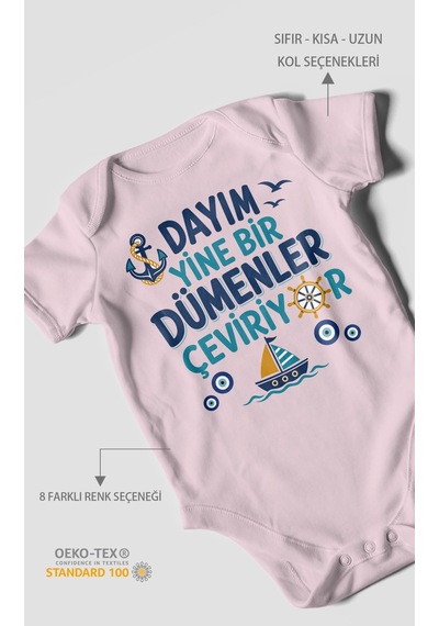 Morivokids Dayım Yine Bir Dümenler Çeviriyor Kısa Kollu Bebek Body %100 Pamuk Bebe Pembe