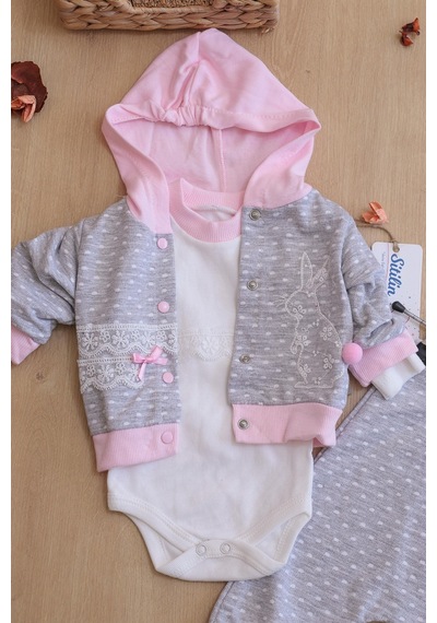 Sitilin Kız Bebek Tavşan 3 Lü Kapişonlu Bebek Takım Seti Stl6418 Gri - Pembe