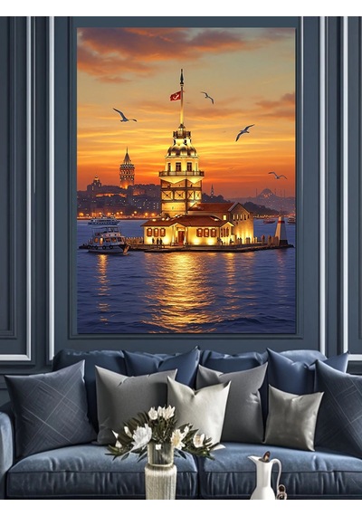 Ahşap Tablo Gece Işıkları Altında İstanbul Kız Kulesi