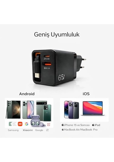 Ayrex 65w Süper Hızlı Şarj Adaptörü Pd 45w + Qc 3.0 Çekilebilir Kablolu
