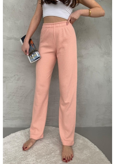 Kadın Yavruağzı Yüksek Bel Fitilli Bol Paça Günlük İnce Eşofman Altı Pijama Yavruağzı