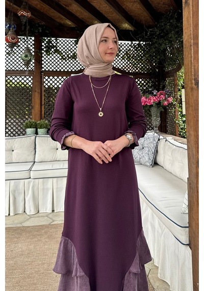 Rabia Şamlı Menekşe Cupra Detaylı Triko Elbise Mürdüm Normal