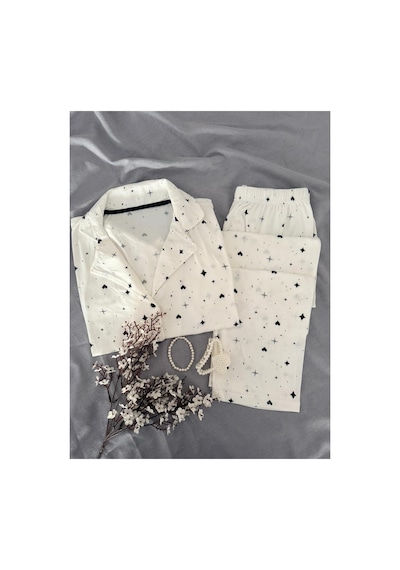 Mh Moony Homewears Kısa Kol Siyah Kalp Özel Dokulu Düğmeli Pijama Takımı Siyah