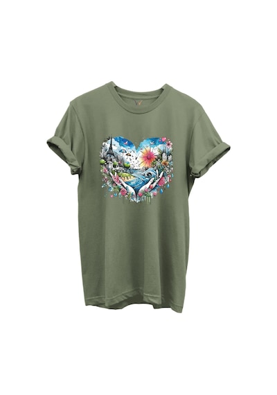 Kalp Şehir Manzaralı Renkli Baskılı %100 Pamuk Regular Fit Unisex T-shirt Haki