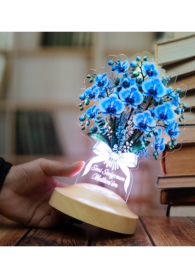 Mavi Orkide Işıklı Çiçek Buketi Led Lamba - Sevgiliye Eşe Hediye Kişiye Özel İsimli Solmayan Çiçek Lamba Mavi Orkide Buketi