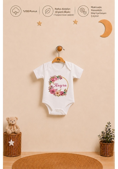 Pia Baby İsme Özel Kız Bebek Hediyesi 2'li %100 Pamuk Organik Baskılı Çıtçıtlı Body Zıbın Ve Ham Bez Kıyafet Kesesi 1072b2k9x Ekru