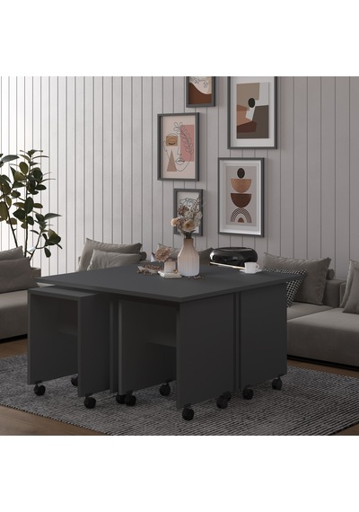 Asra Trend Akıllı Orta Sehpa OS003 %100 MDF 5 Parça Yavrulu Puf Sehpa Seti Antrasit