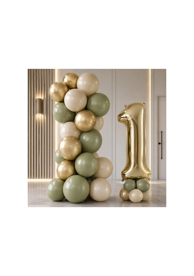 6 Yaş Gold Retro Doğum Günü Seti Küf Yeşili Kum Beji Gold Balonlar Gold Folyo Rakam Parti Süsleme Altın