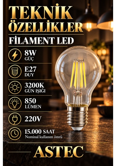 Astec E27 Filamen 8 Watt Led Ampul 3200k Gün Işığı Dekoratif Filament Led