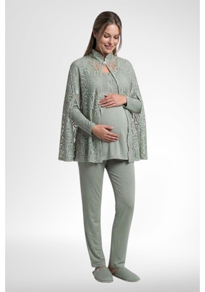 Mecit Pijama Mecit 6402 Elegant Yeşil Dantel Pelerinli Lohusa Pijama Takımı