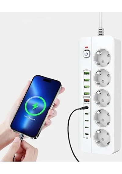 3500w Akım Korumalı 5 Li Grup Priz: 5x Usb + 5x Type-c Çıkışlı 2 Metre
