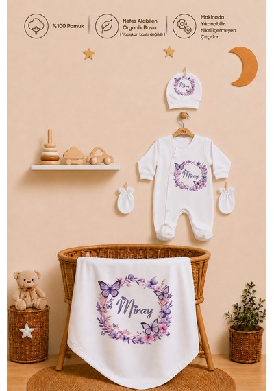 Pia Baby İsme Özel %100 Pamuk Kız Bebek Yastık Battaniyeli Tulum Set Kese Hediyeli 1090tybk3x Krem