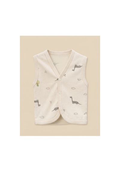Minory Baby - %100 Pamuk Bebek Yeleği Dinozor Motifli Bej Bej