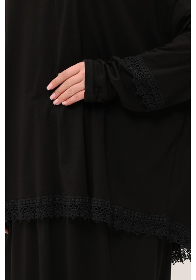 Hürrem Bone Siyah İki Parça Namaz Elbisesi Pamuk Kumaş Dantelli 2205 01 Siyah