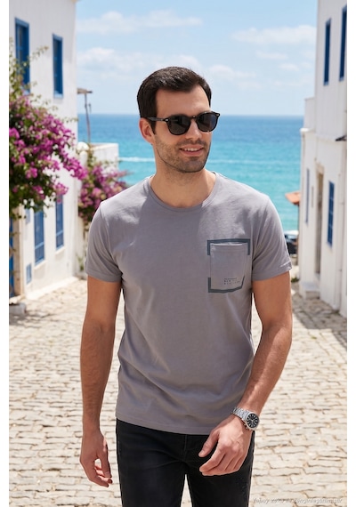 Buratti Bisiklet Yaka Pamuklu Slim Fit Erkek T Shirt 541Rework Açık Gri
