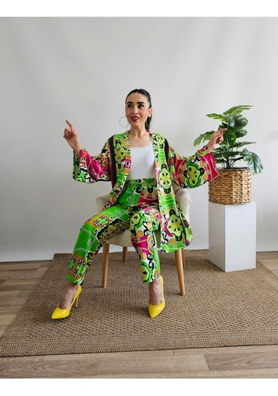 İpli Yeşil Renk Etnik Desenli Viskon Kumaş Kimono Takım Yeşil