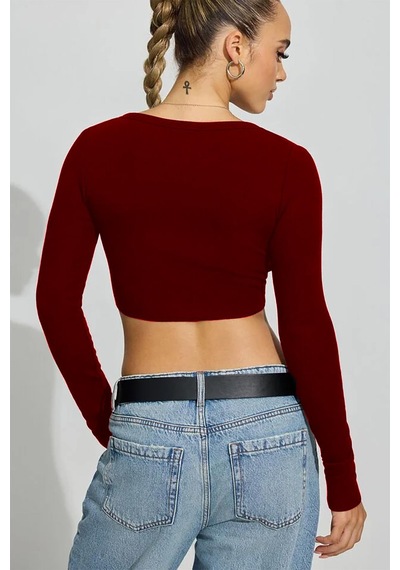 Madmext Bordo Uzun Kollu Düğmeli Kaşkorse Crop Hırka Mg2193 Bordo