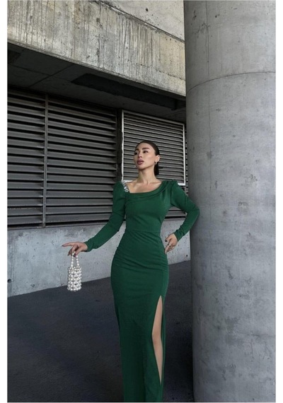 DefyModa Kadın Kayık Yaka Taş Detaylı Uzun Kollu Abiye Elbise Zümrüt