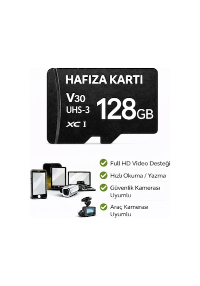 128gb V30 Hafıza Kartı Araç Ve Güvenlik Kamerası Video Kayıt Class 10 100mb/s Micro Sd Kart